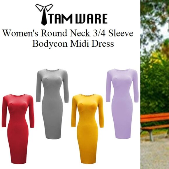 NWT Gray Round Neck 3/4 Sleeve Bodycon Midi Dress Medium - Picture 3 of 5